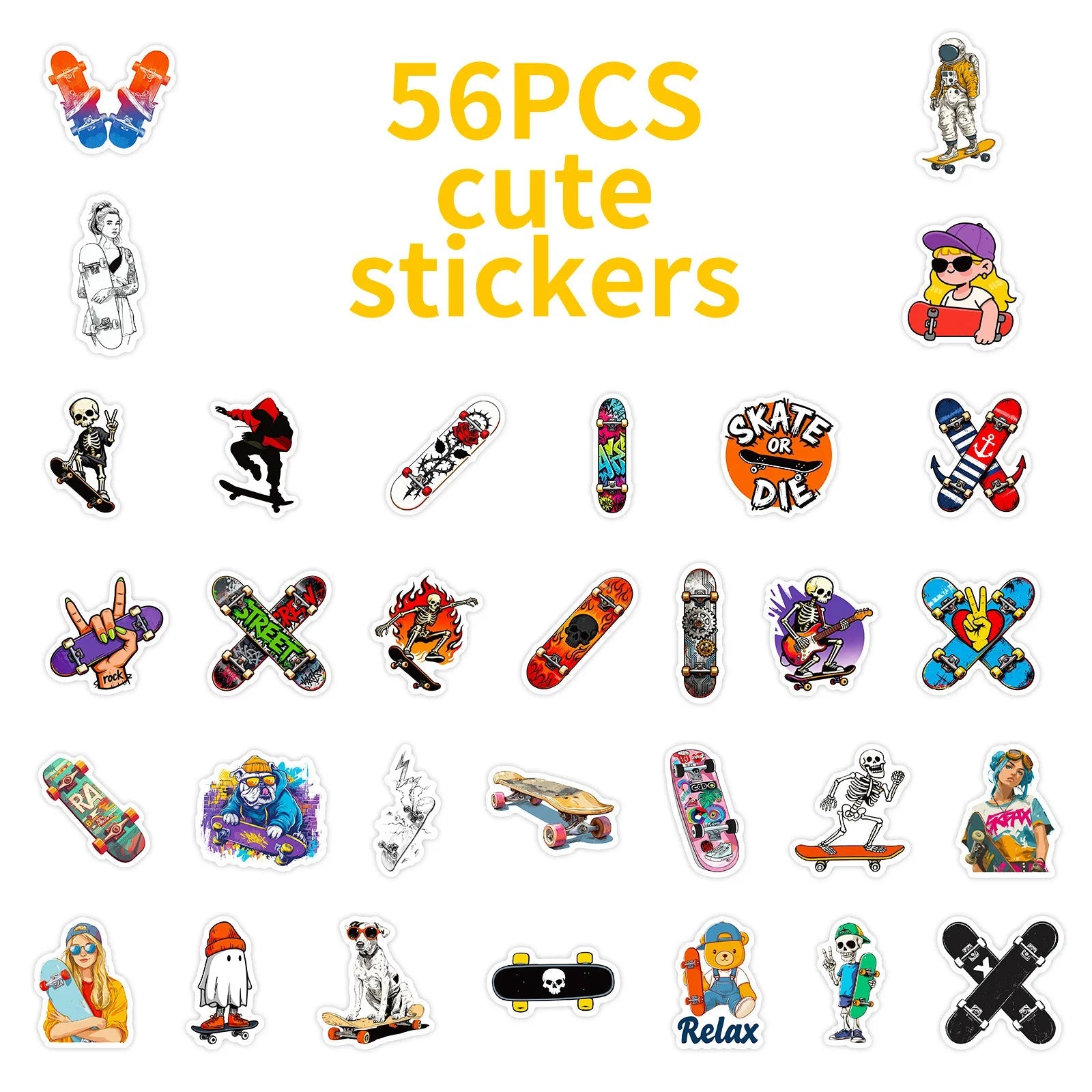56/112 Pcs Street Style Skateboard Culture Creative Skull Stickers DIY Helmet Skate Car Door Bicycle Stationery Box Waterproof - STAND OUT FLEXSARAH
