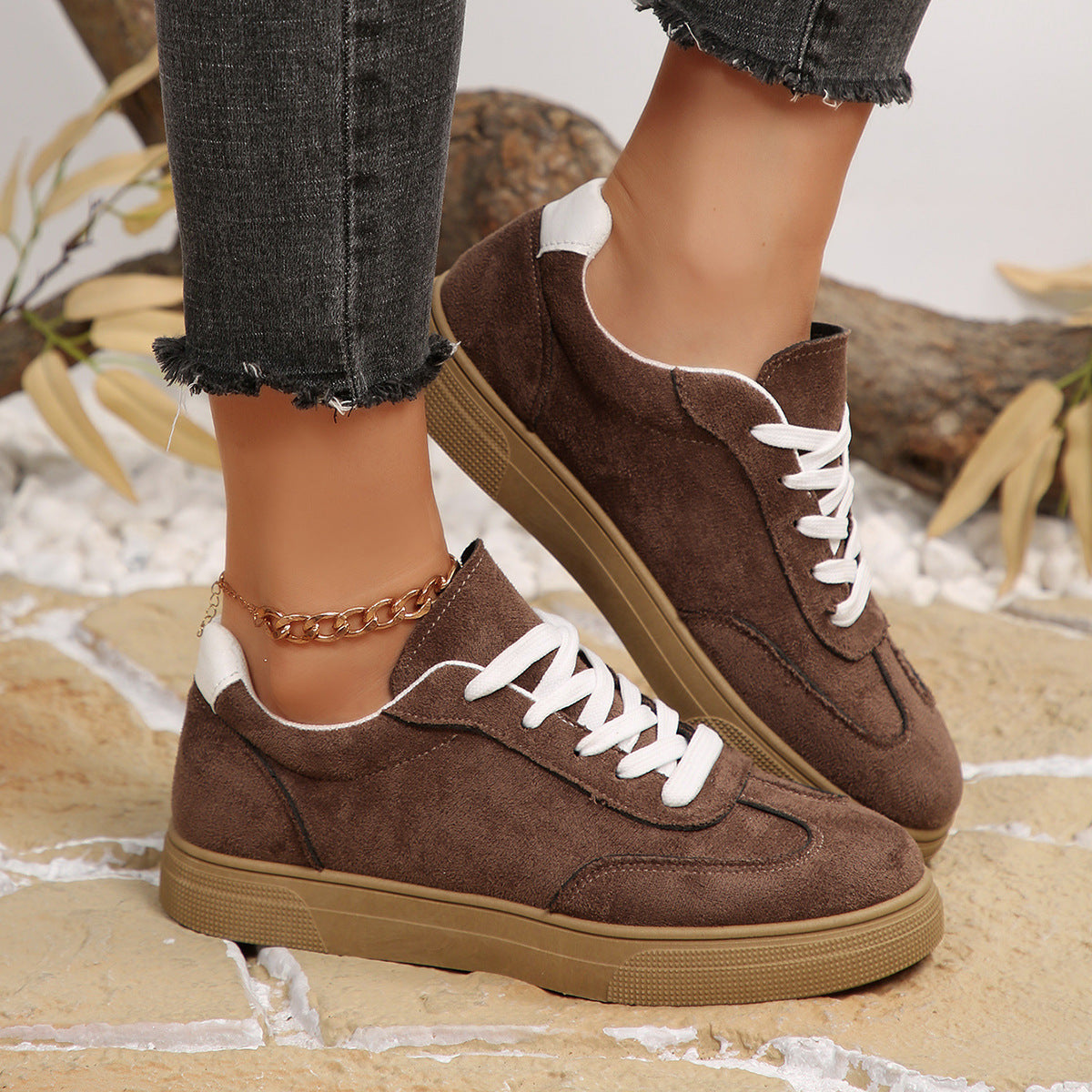 Women's Suede Casual Sneakers - Comfortable Lace-Up Sports Shoes