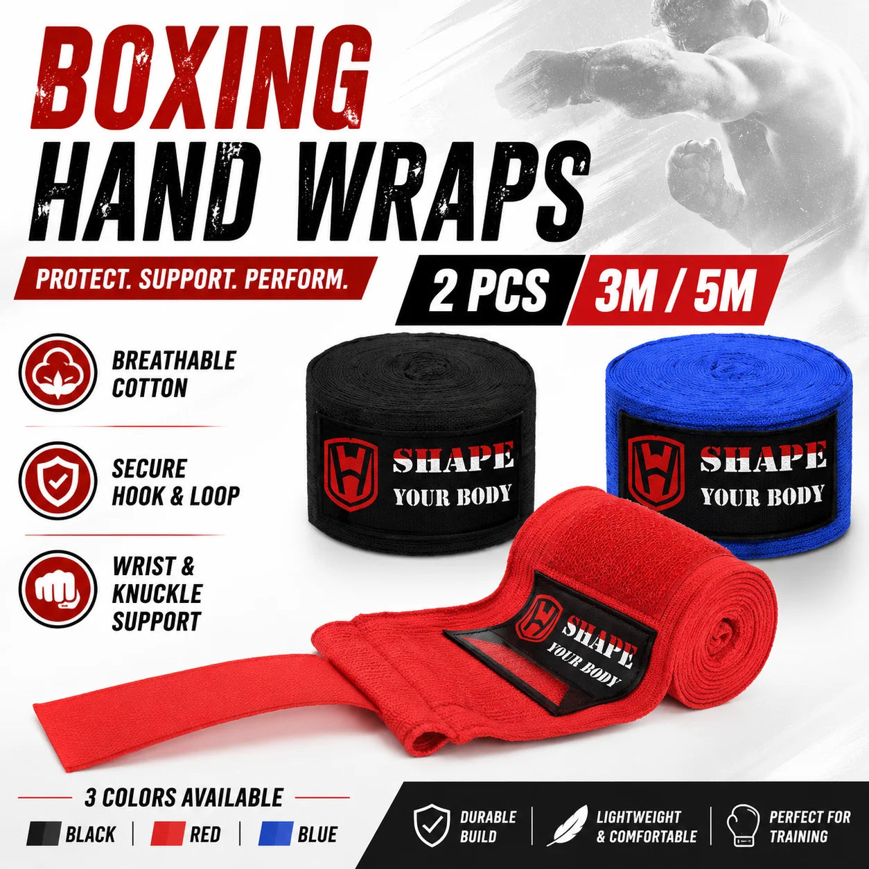 2PCS Boxing Hand Wraps 3M 5M Breathable Cotton Wrist Support Bandage for Muay Thai MMA Kickboxing Training Men Women Gear Boxing