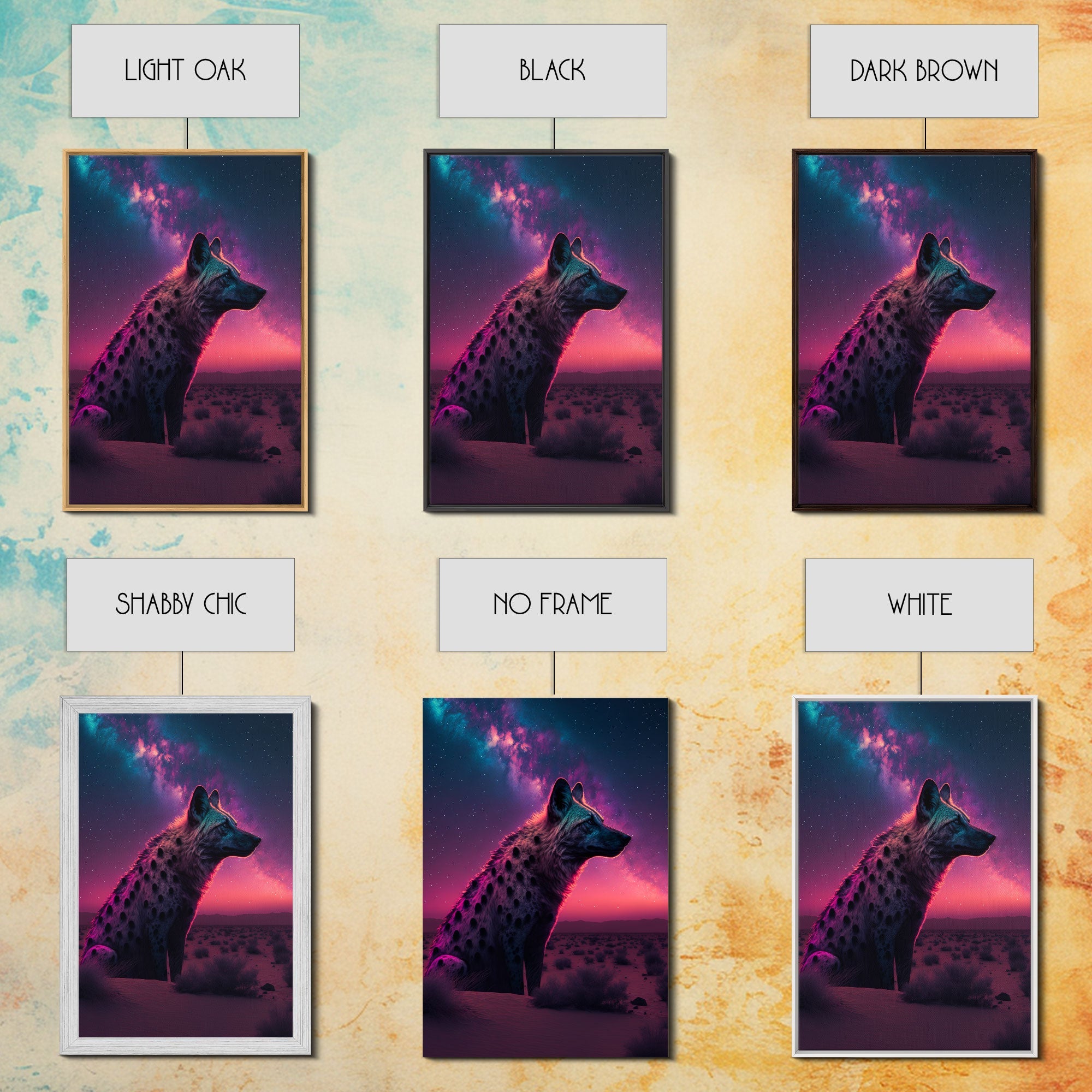 Portrait of a Neon Hyena, Laughing Hyenas, Framed Canvas Print, Unique Wall Art, Kid Room Art, Synthwave Retro Style Decor