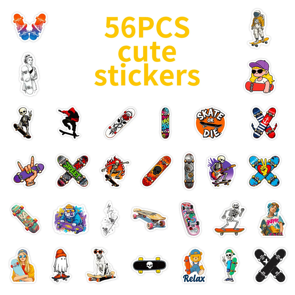 56/112 Pcs Street Style Skateboard Culture Creative Skull Stickers DIY Helmet Skate Car Door Bicycle Stationery Box Waterproof