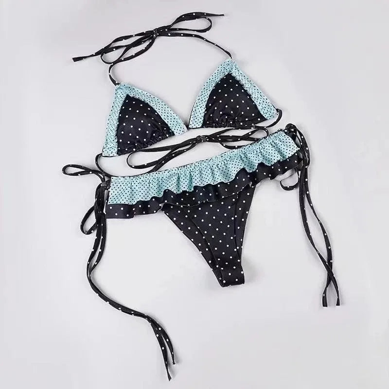 Vintage Sweet Bikini Set for Women Chic Polka Dot Print Trendy Ruffles Split Swimwear 2026 Summer Beach Vacation Party Swimwear