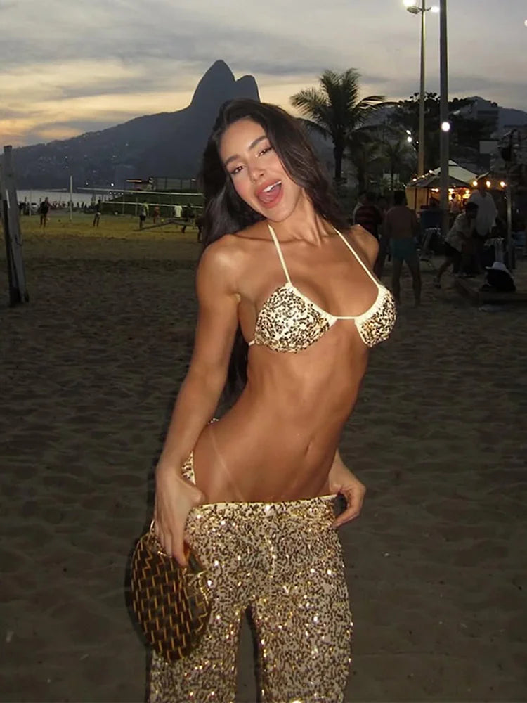 Sexy Women's Pant Set Gathered Deep-V Neck Backless Bikini Female Sequined Wide-Leg Long Pants Chic Fashion Beach Women's Suit