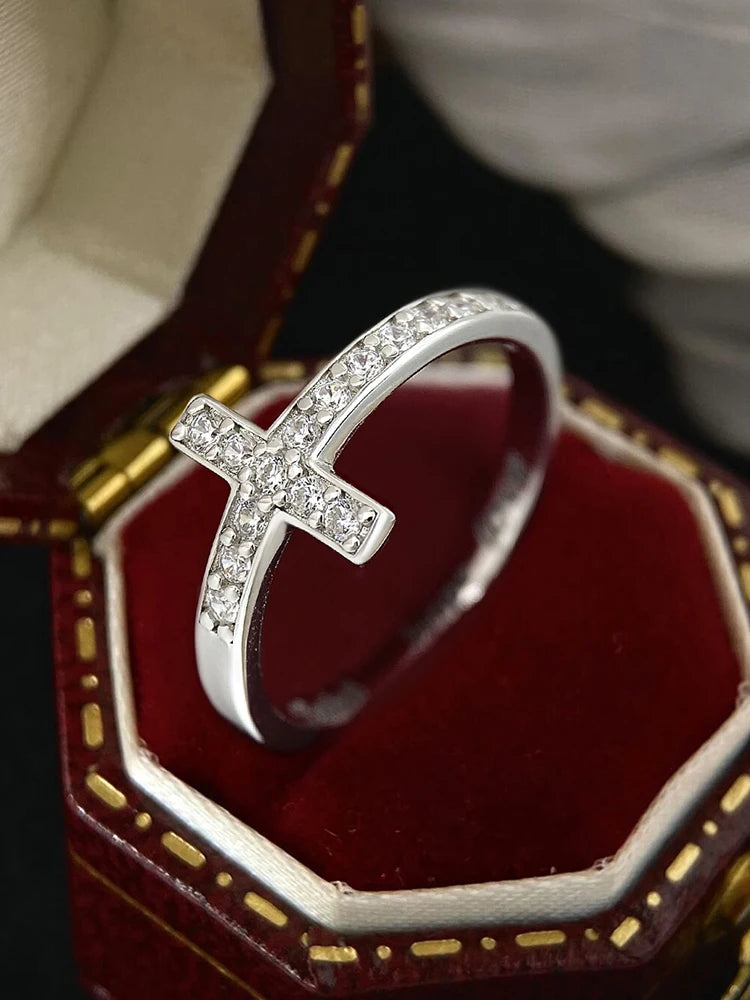 925 Sterling Silver Simple Sacred Pure Cross Zirconia Ring For Women Engagement Wedding Luxury High Quality Fine Jewelry