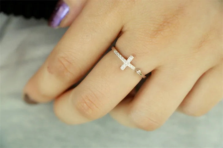 925 Sterling Silver Cross Rings for Women Exquisite CZ Stone Adjustable Open Ring Silver 925 Jewelry