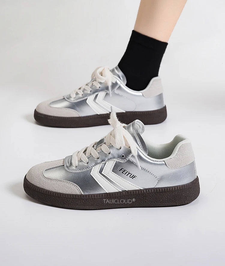 Silver Women's Retro German Training Shoes, Ballet-Inspired Soft Sole Versatile Casual Flat Skate Sneakers for Sports & Daily We