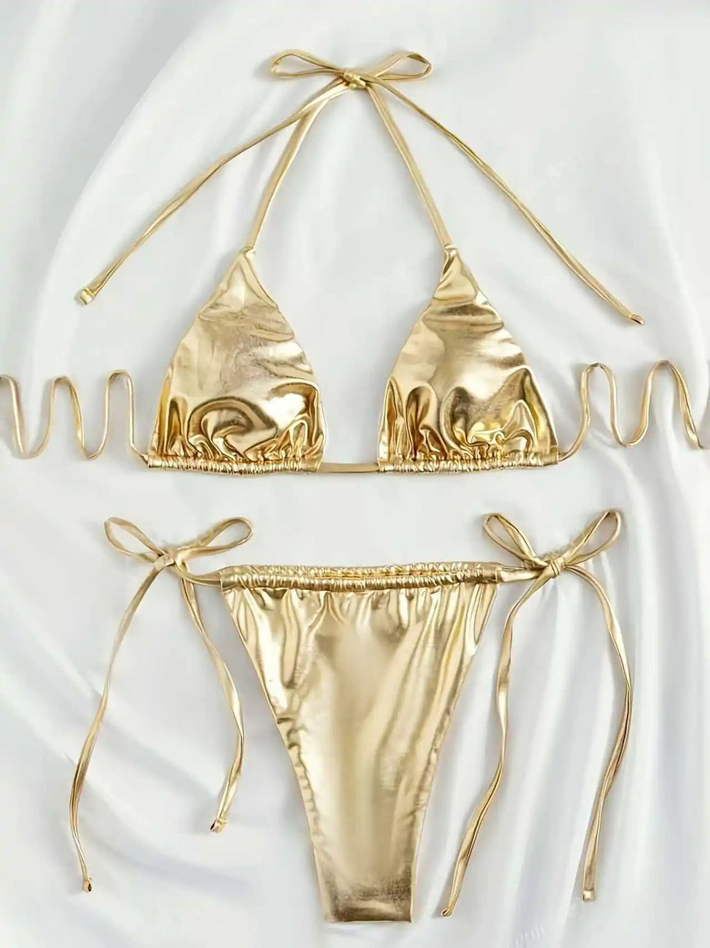 Women Bikini Set 2025 Summer Metallic Gold Shiny Halter Triangle Tie Side String Sexy Swimwear Female Beach Vacation Bathing Sui
