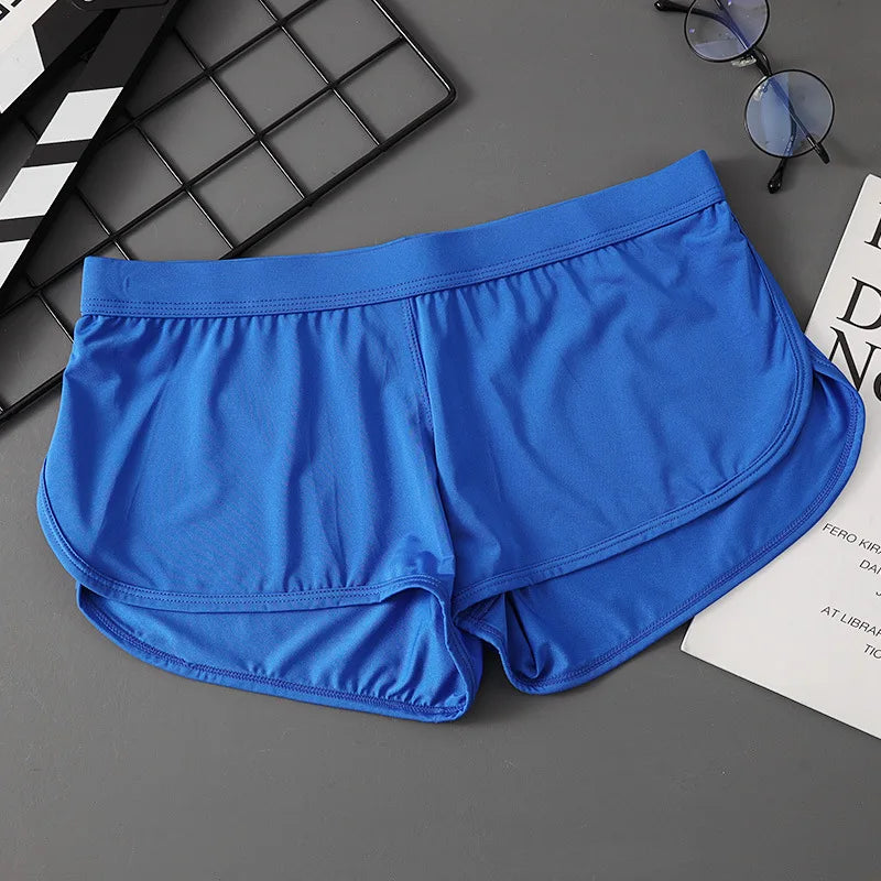 Men's boxers underwear side slit shorts bikini men low waist sexy ultra-thin ice silk underwear for men
