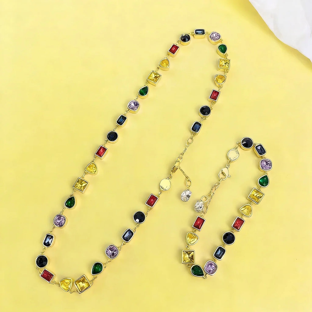 Luxury Fashion Women's Jewelry Colored Gems Set Sterling Silver Necklace Bracelet Plated With 18K Rose Gold Banquet Party