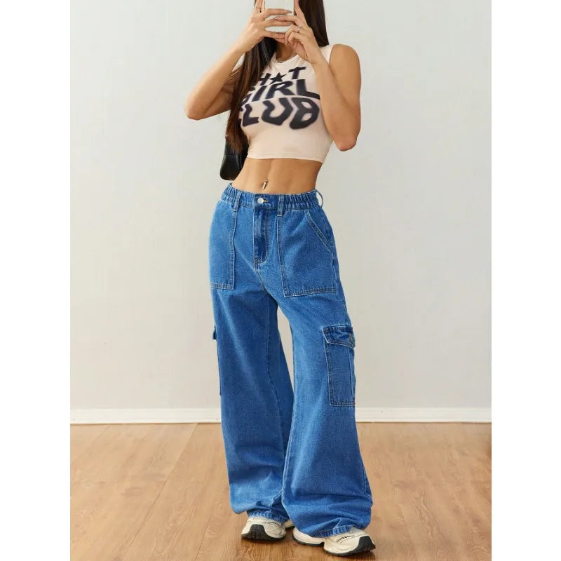 ‌Women's Relaxed Wide-Leg Utility Denim Pants - Casual Workwear with Multi-Pockets‌