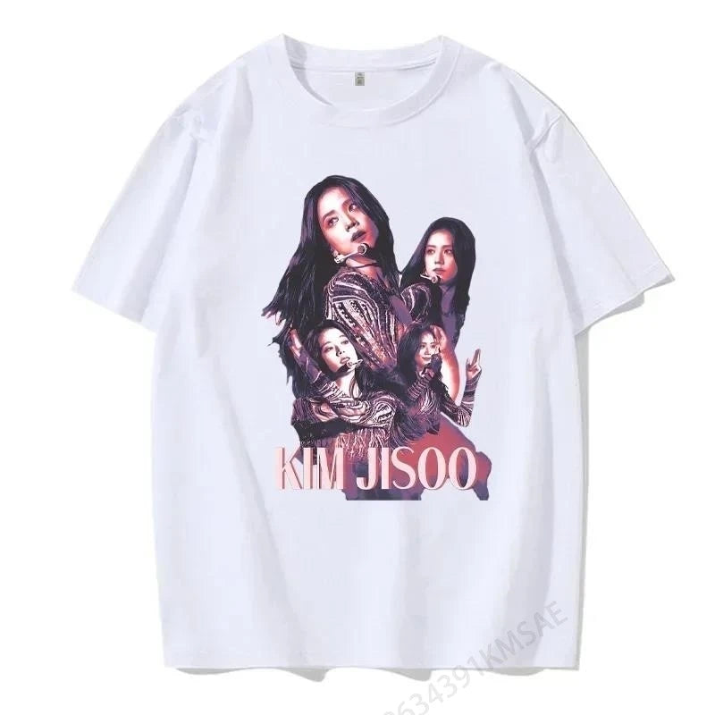 Black and Pink Jisoo Picture Printing Comfortable and Breathable Summer Fashion Casual T-shirt  Kpop Star Printed T-shirt