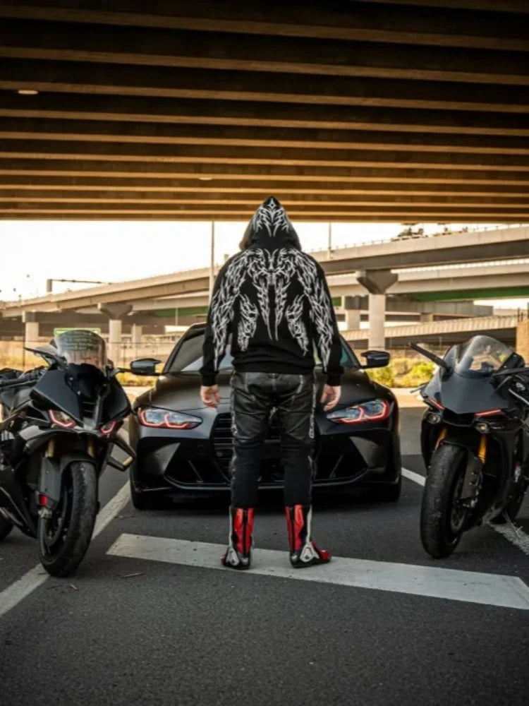 Mens New luminous motorcycle Hoodie Harajuku Dark Streetwear Luminous Magic Sword Graphic Print Hooded Sweatshirt Vintage Unisex