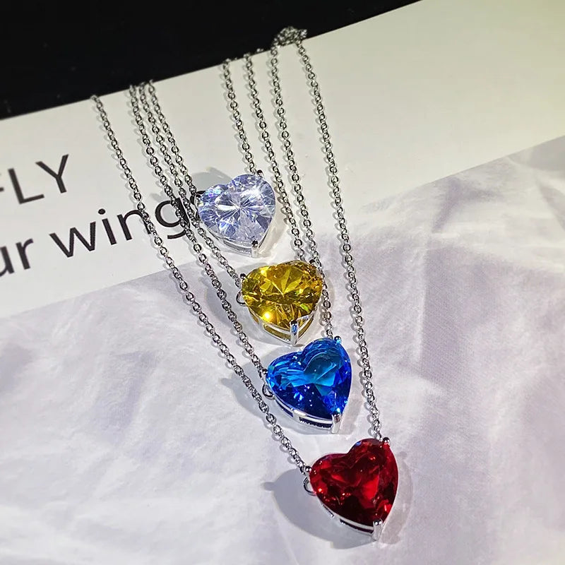 925 Sterling Silver Choker simple Heart Gemstone Emerald Diamond Ruby Aquamarine White Gold Necklace Women Jewelry Party Gift