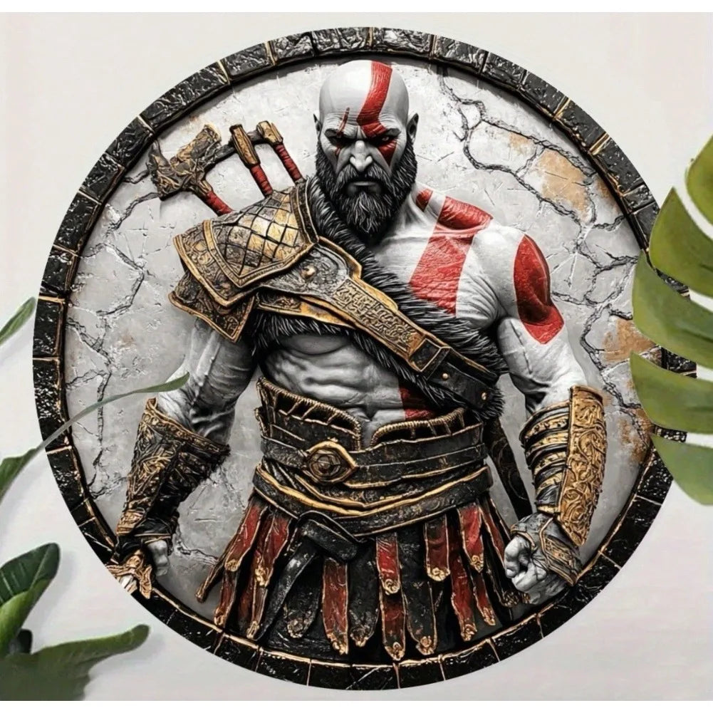 2D Flat 1pc NEW 8” Round Kratos Metal Wall Sign - God of War Tin Video Game Art, Ideal for  Theme Spaces
