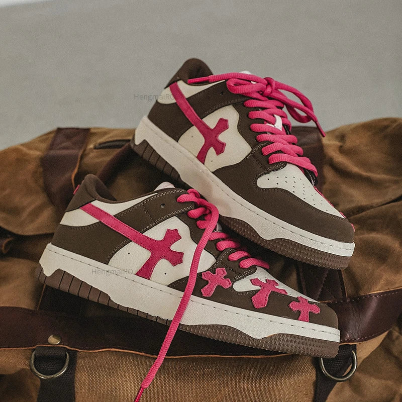 Women Shoes Retro Fashion Cross Pattern Skateboard Shoes Men Breathable Punk Hip Hop Casual Shoes Couple Student Sport Sneakers