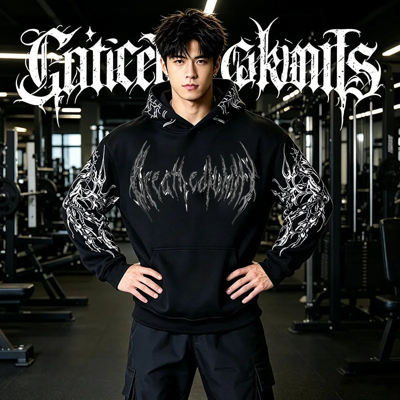 2025 Men's Gothic Skull Thorn Print Hoodie Fleece Lined Winter Streetwear Sweatshirt Casual Warm Pullover Tops for Daily Wear