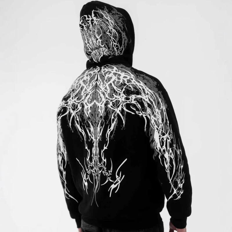 Mens Hoodie Harajuku Y2K Streetwear Lightning Graphic Print Zip Up Hooded Sweatshirt Gothic Punk Loose Fit Glow Unisex Fashion