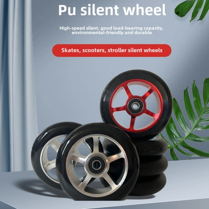 A pair of 100mm aluminum-core skateboard wheels with bearings, wear-resistant and quiet, suitable as replacement parts for skate