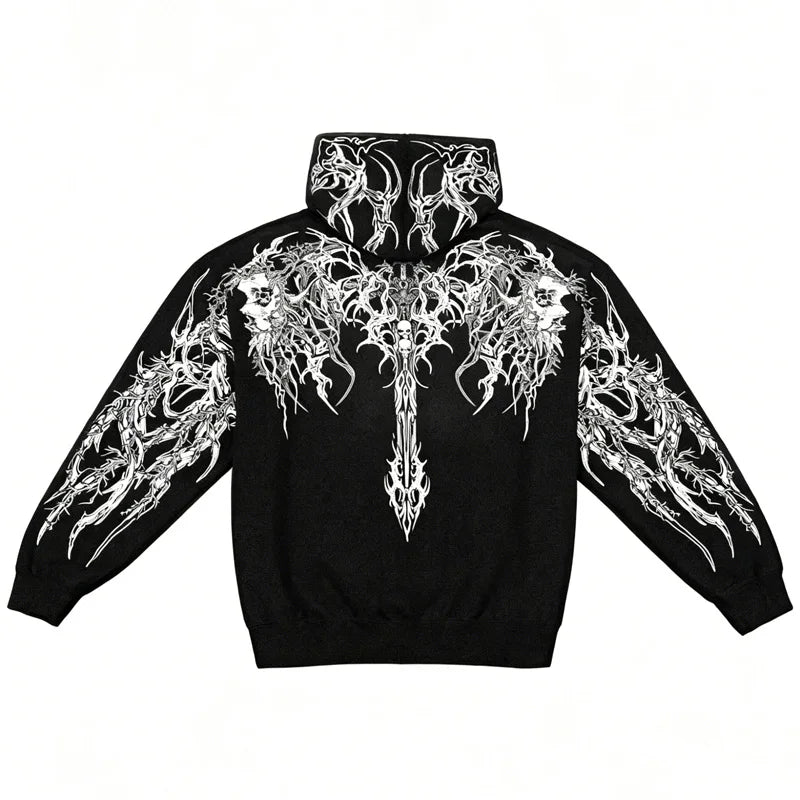 2025 Men's Gothic Skull Thorn Print Hoodie Fleece Lined Winter Streetwear Sweatshirt Casual Warm Pullover Tops for Daily Wear