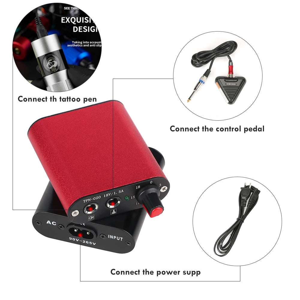 Tattoo Machine Kit Complete Rotary Tattoo Pen with Wired Power Supply Cartridge Needles Permanent Makeup Tools for Artists