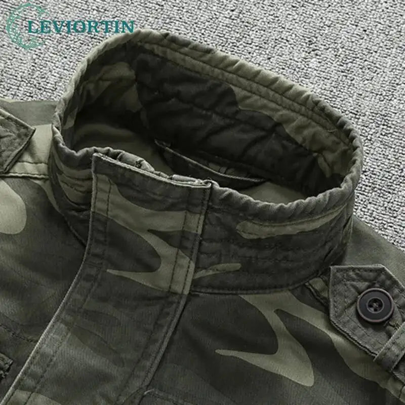 Autumn Men's Military Camouflage Cargo Jackets Multi-Pockets Heavyweight Cotton Outdoor Stand Collar Casual Workwear Jackets Man