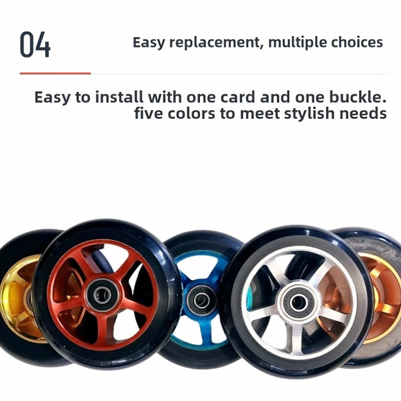 A pair of 100mm aluminum-core skateboard wheels with bearings, wear-resistant and quiet, suitable as replacement parts for skate