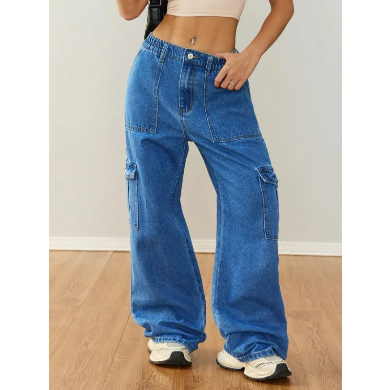 ‌Women's Relaxed Wide-Leg Utility Denim Pants - Casual Workwear with Multi-Pockets‌