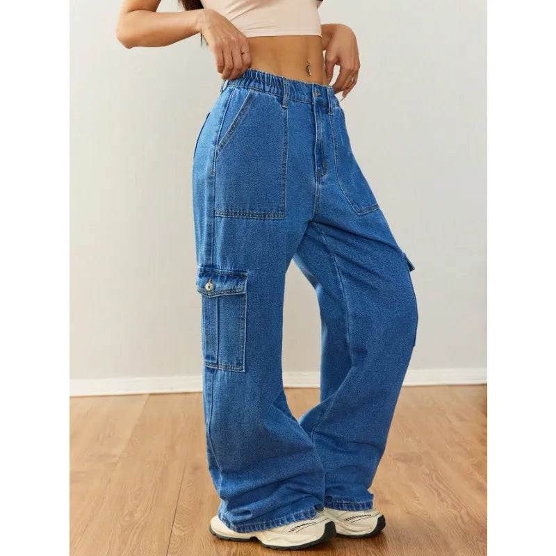 ‌Women's Relaxed Wide-Leg Utility Denim Pants - Casual Workwear with Multi-Pockets‌