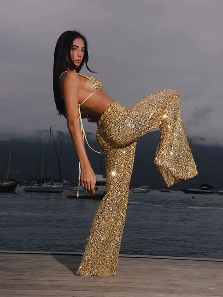 Sexy Women's Pant Set Gathered Deep-V Neck Backless Bikini Female Sequined Wide-Leg Long Pants Chic Fashion Beach Women's Suit