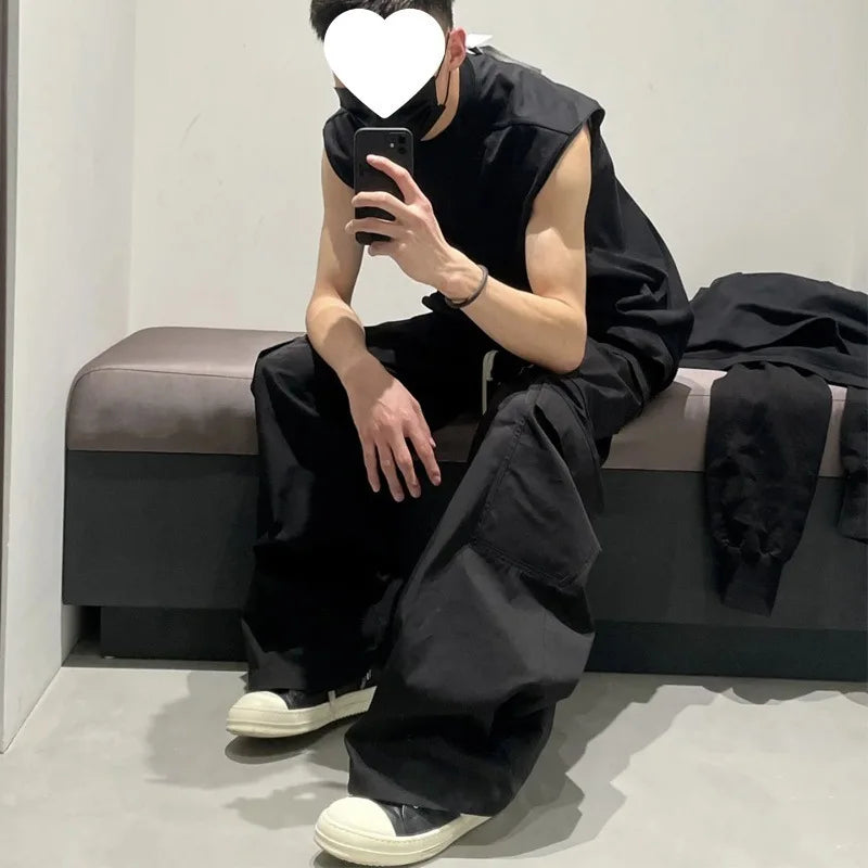 High Street RO Style Men's Wide Leg Workwear Pants Trendy Brand Dark Multi Pocket Floor Length Bell Bottoms Cross Border Hot ...