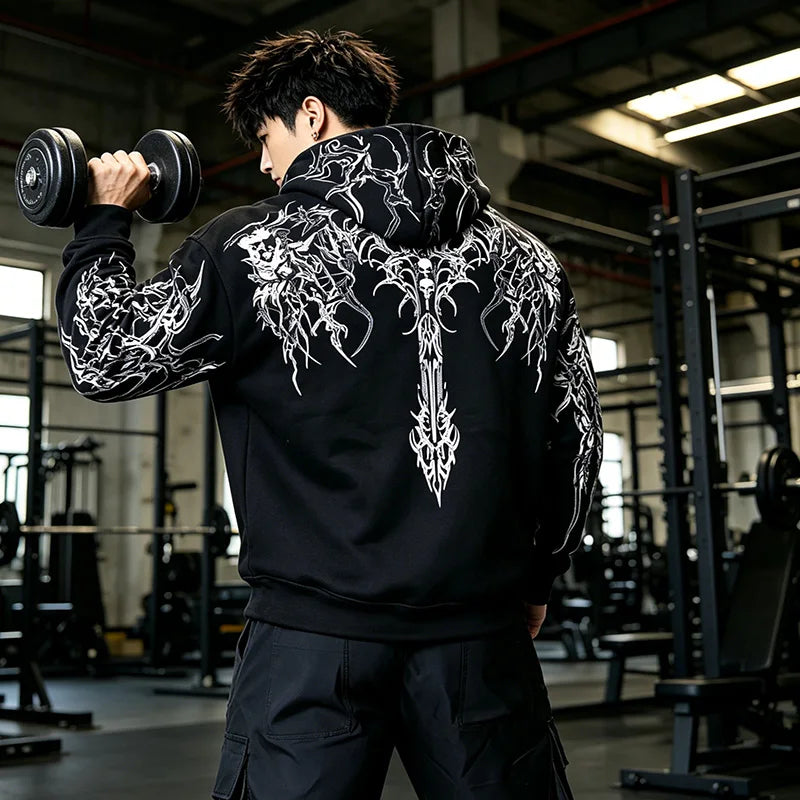 2025 Men's Gothic Skull Thorn Print Hoodie Fleece Lined Winter Streetwear Sweatshirt Casual Warm Pullover Tops for Daily Wear