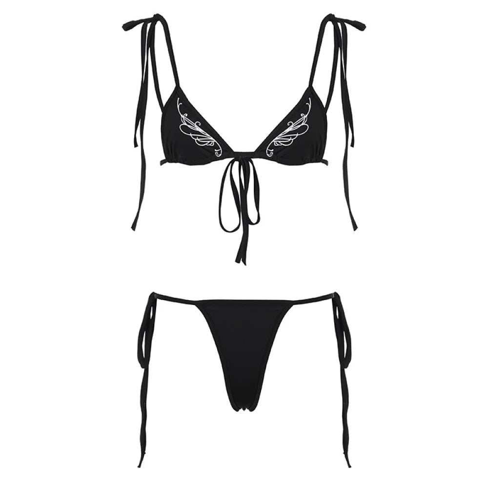 Retro black wing printed bikini set with lace up underwear and thong underwear