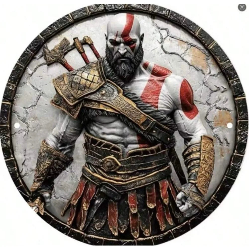 2D Flat 1pc NEW 8” Round Kratos Metal Wall Sign - God of War Tin Video Game Art, Ideal for  Theme Spaces