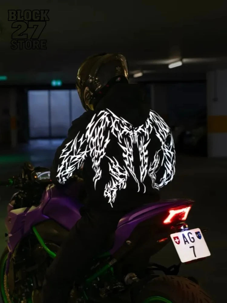 Mens New luminous motorcycle Hoodie Harajuku Dark Streetwear Luminous Magic Sword Graphic Print Hooded Sweatshirt Vintage Unisex
