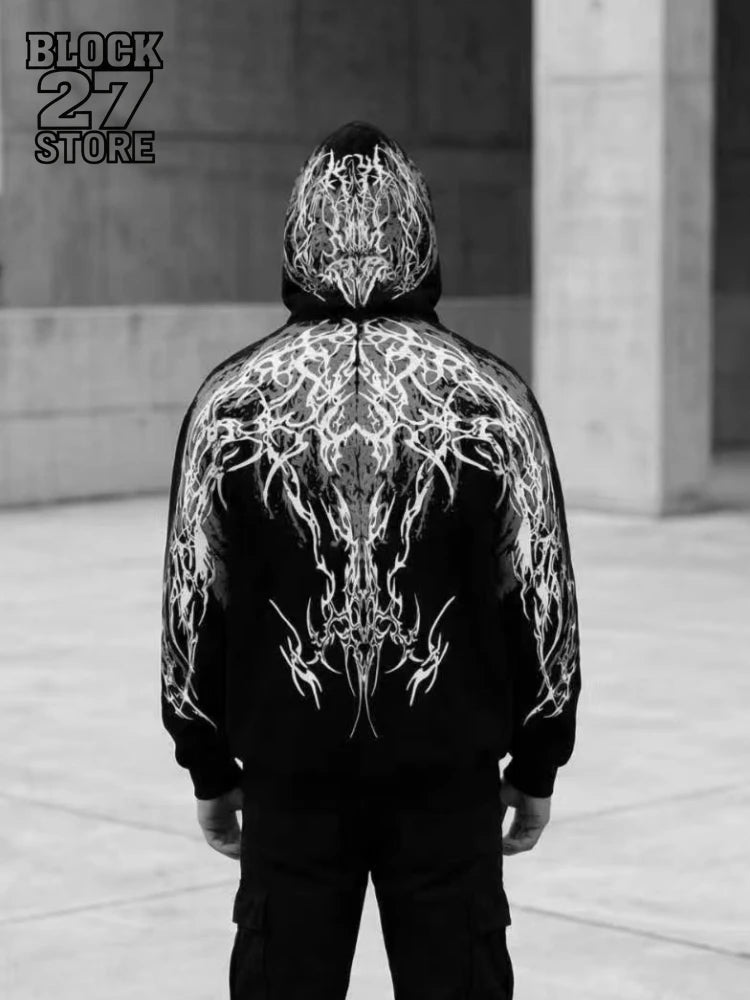 Mens Hoodie Harajuku Y2K Streetwear Lightning Graphic Print Zip Up Hooded Sweatshirt Gothic Punk Loose Fit Glow Unisex Fashion