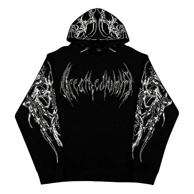 2025 Men's Gothic Skull Thorn Print Hoodie Fleece Lined Winter Streetwear Sweatshirt Casual Warm Pullover Tops for Daily Wear