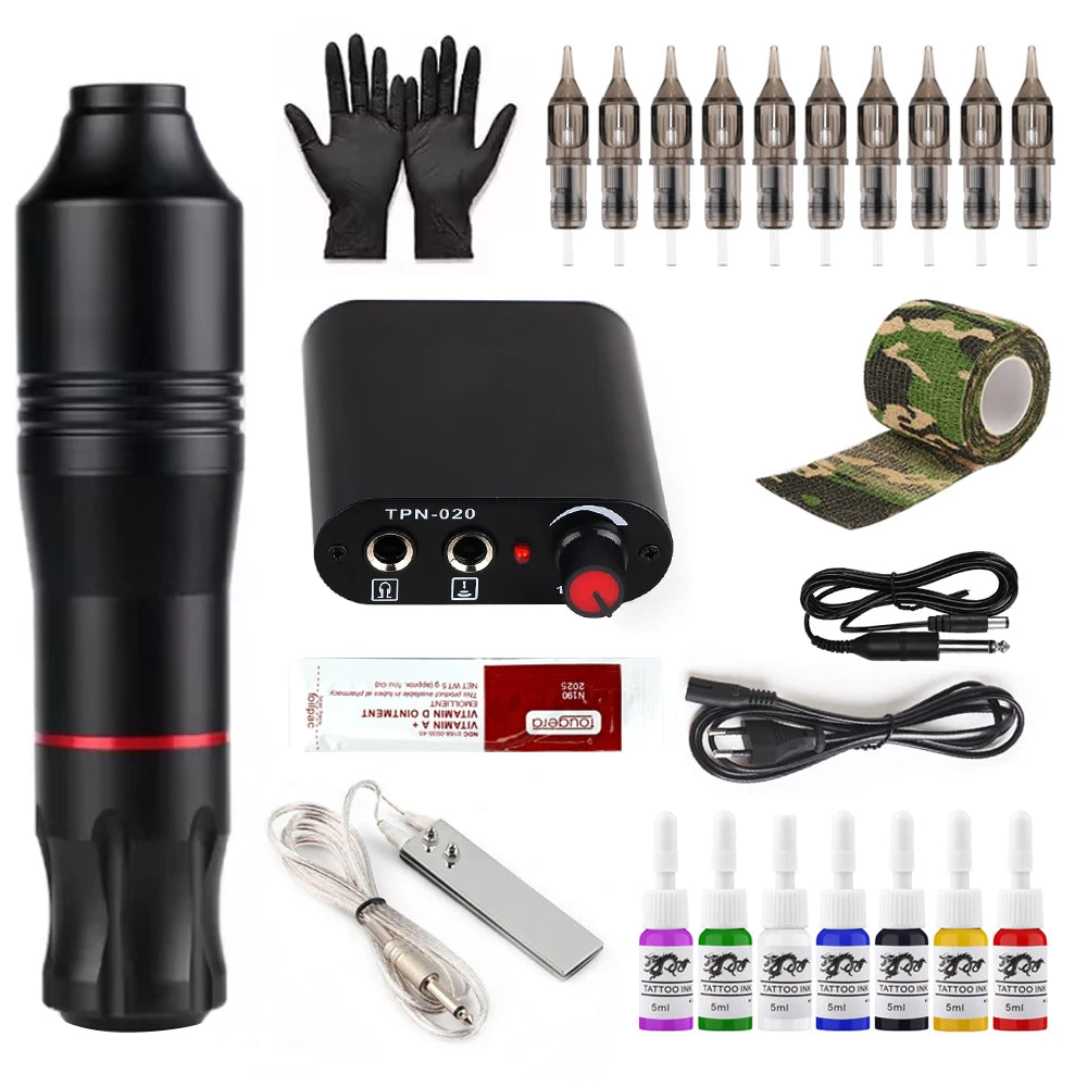 Tattoo Machine Kit Complete Rotary Tattoo Pen with Wired Power Supply Cartridge Needles Permanent Makeup Tools for Artists