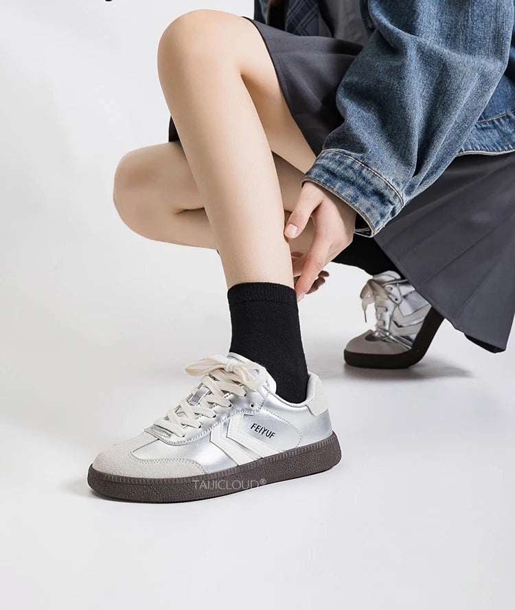 Silver Women's Retro German Training Shoes, Ballet-Inspired Soft Sole Versatile Casual Flat Skate Sneakers for Sports & Daily We