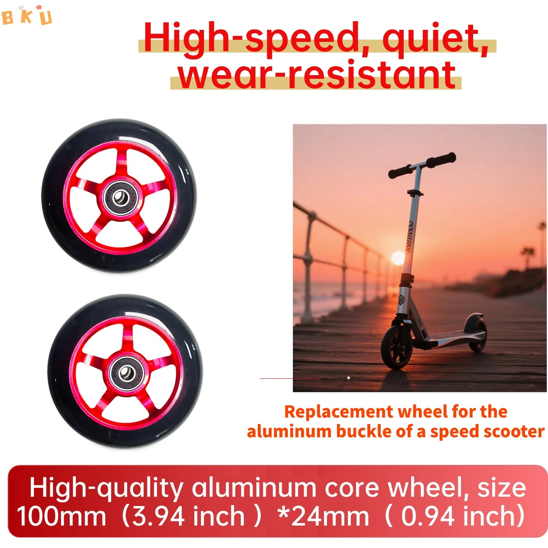 A pair of 100mm aluminum-core skateboard wheels with bearings, wear-resistant and quiet, suitable as replacement parts for skate