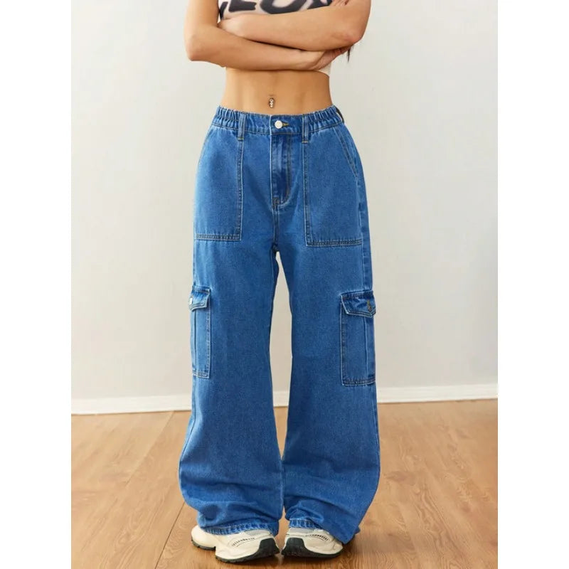 ‌Women's Relaxed Wide-Leg Utility Denim Pants - Casual Workwear with Multi-Pockets‌