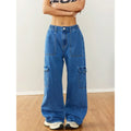 ‌Women's Relaxed Wide-Leg Utility Denim Pants - Casual Workwear with Multi-Pockets‌