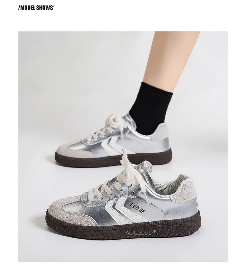 Silver Women's Retro German Training Shoes, Ballet-Inspired Soft Sole Versatile Casual Flat Skate Sneakers for Sports & Daily We