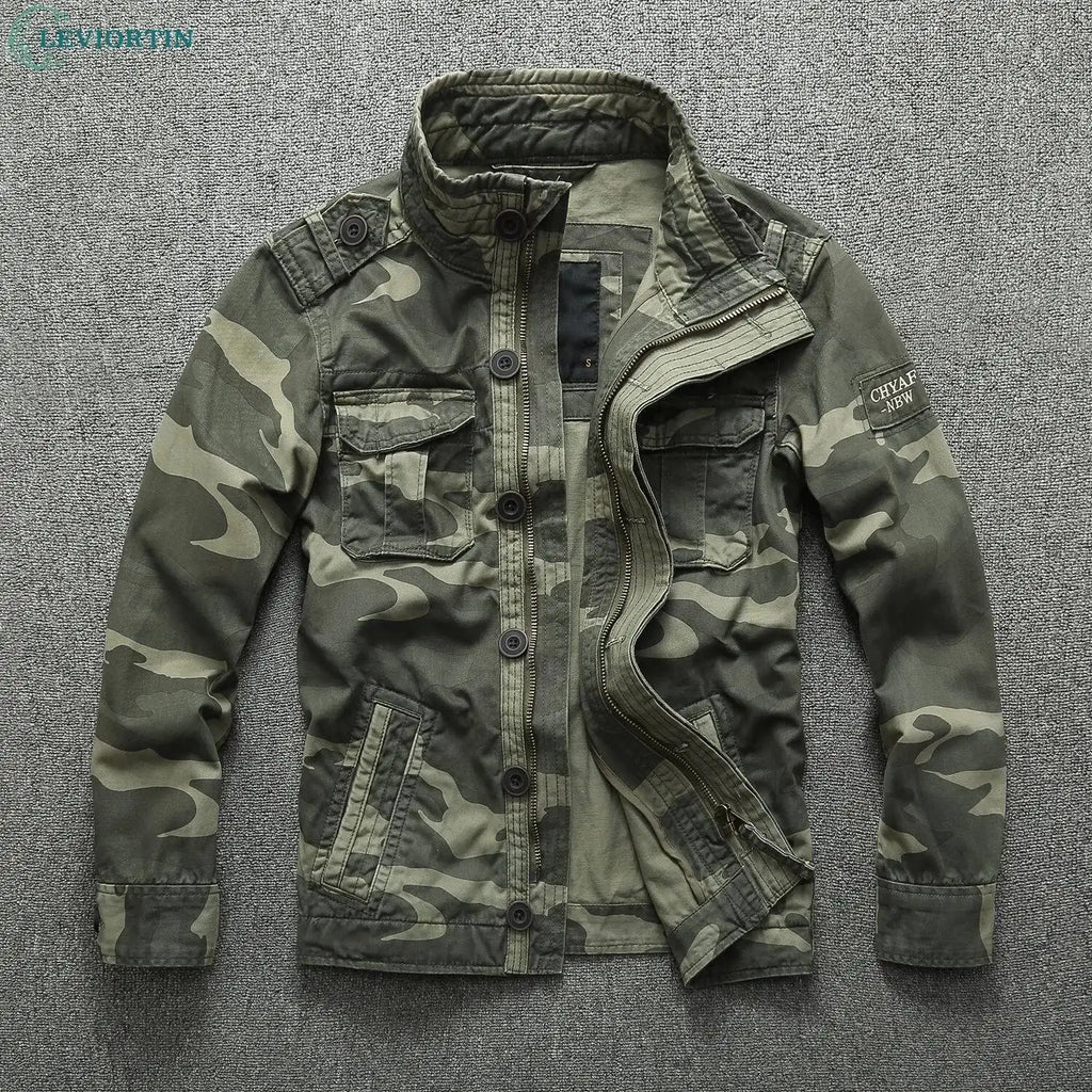 Autumn Men's Military Camouflage Cargo Jackets Multi-Pockets Heavyweight Cotton Outdoor Stand Collar Casual Workwear Jackets Man