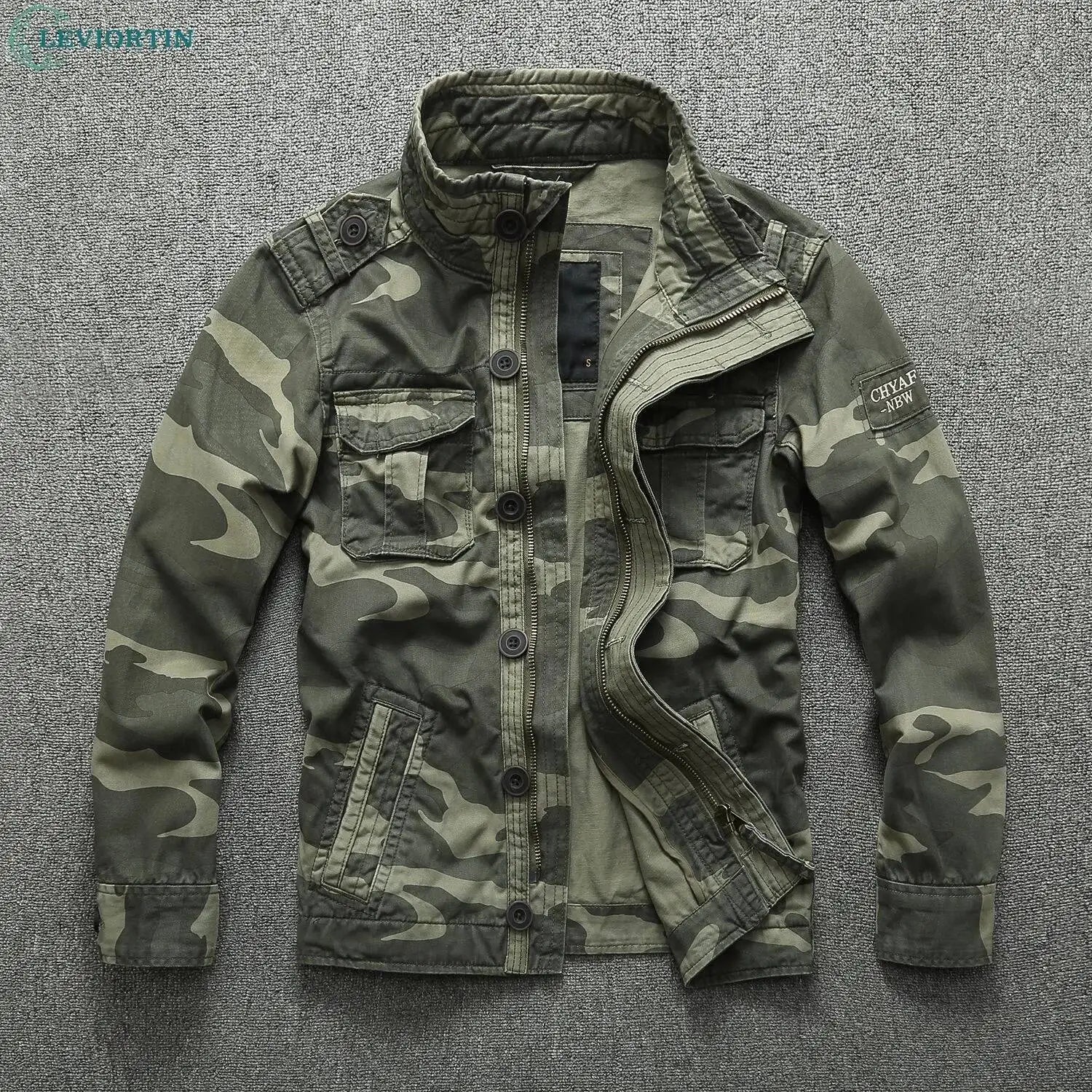 Autumn Men's Military Camouflage Cargo Jackets Multi-Pockets Heavyweight Cotton Outdoor Stand Collar Casual Workwear Jackets Man