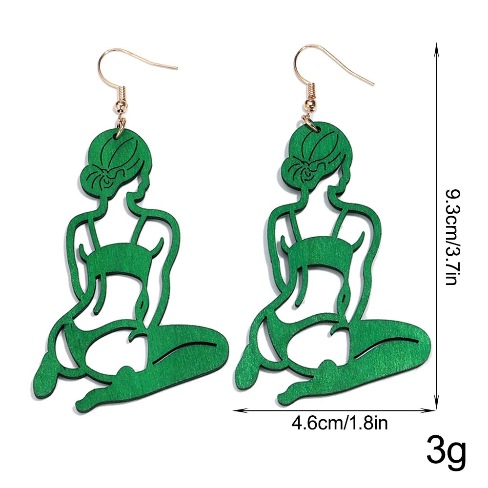 New Hollow Sexy Bikini Lady Wooden Long Earrings for Women Creative Colorful Wood Yoga Statue Drop Earring Trendy Jewelry Gift