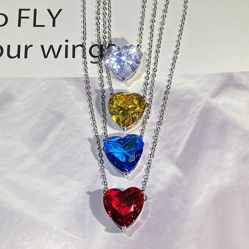 925 Sterling Silver Choker simple Heart Gemstone Emerald Diamond Ruby Aquamarine White Gold Necklace Women Jewelry Party Gift