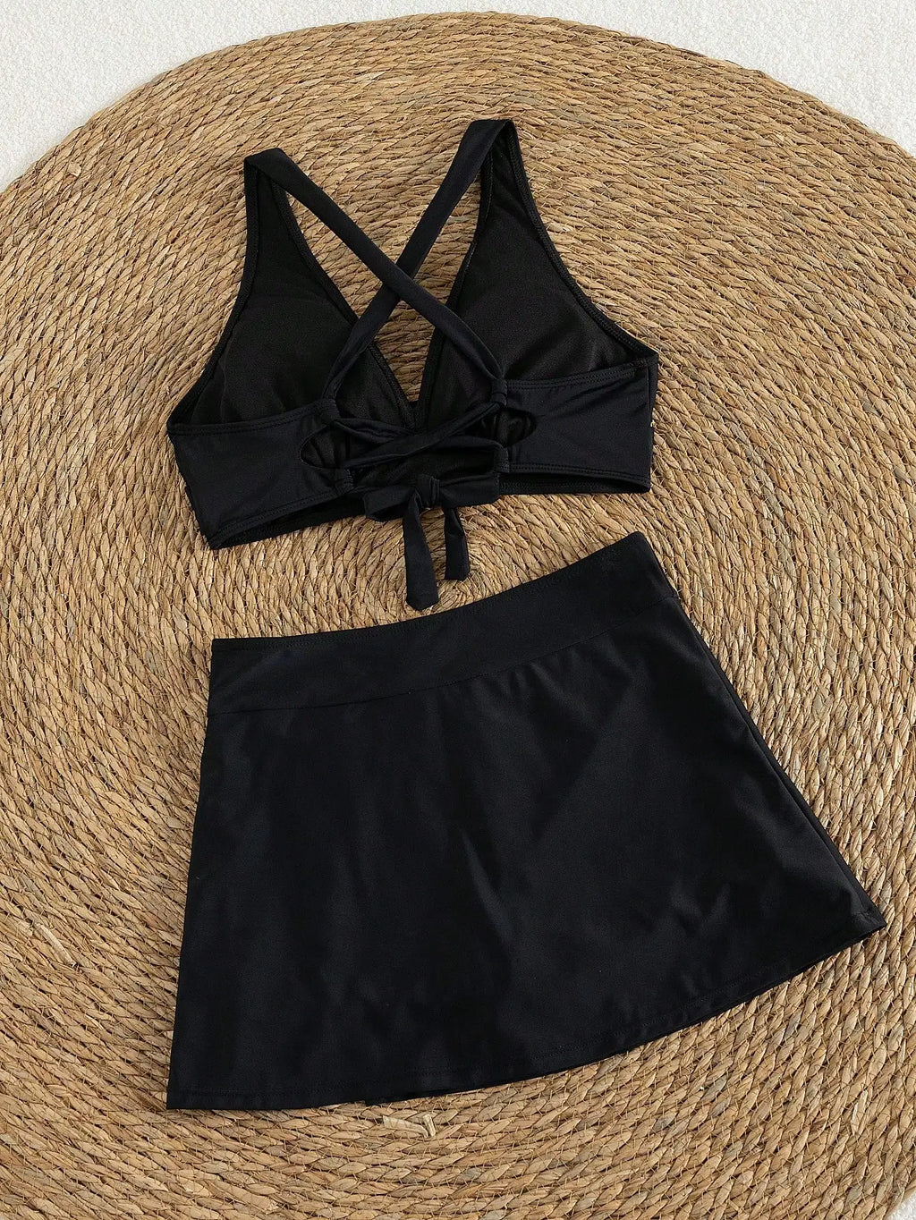 Women's Black Twist Front Bikini Set with Skirt, 3 Piece High Waisted Swimwear, Modest Skirted Bathing Suit for Summer  Vacation