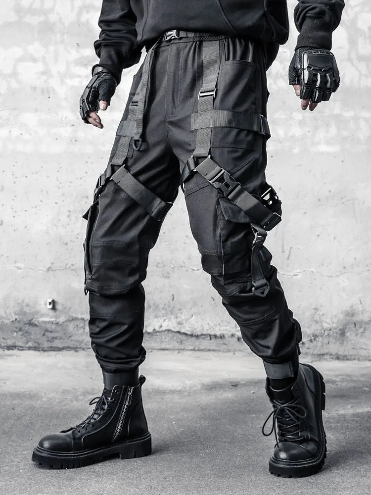 Hip Hop Punk Cargo Pants Man Multi Ribbons Decorative Techwear Pants High Street Tactical Casual Trousers