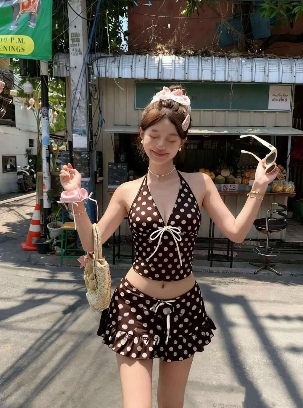 2000s American Vintage Crop Top Swimwear Y2k Women's Dot 3 Piece Bikini Sets Summer Harajuku Sweet Sexy Beach Bathing Suit Chic