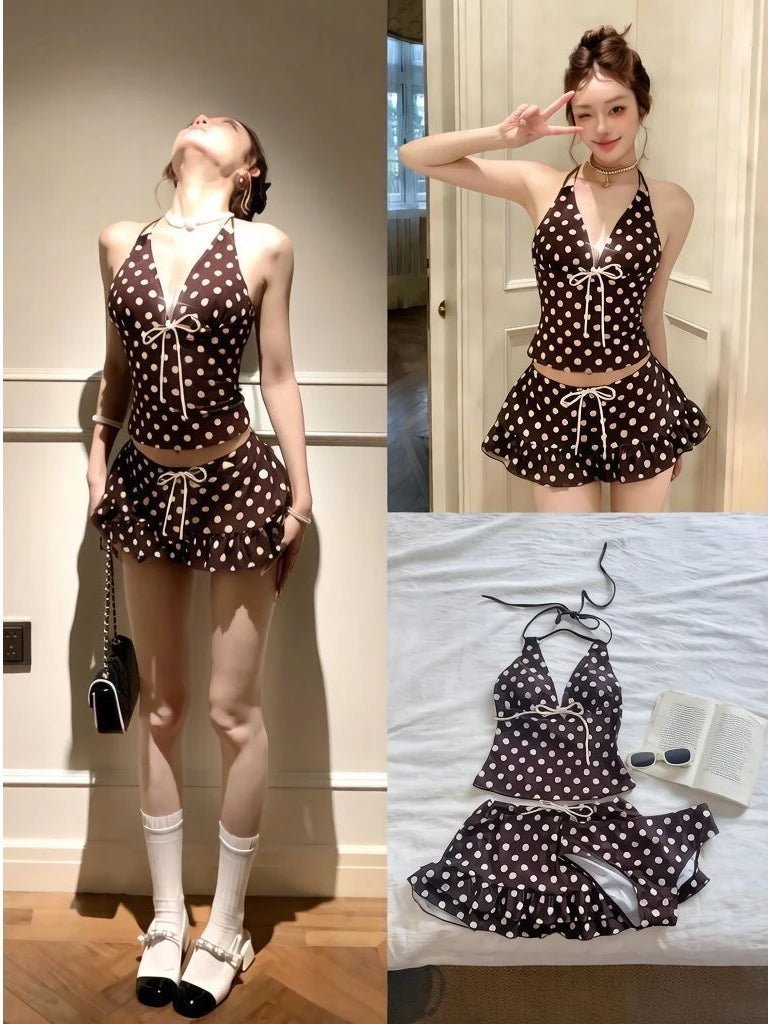 2000s American Vintage Crop Top Swimwear Y2k Women's Dot 3 Piece Bikini Sets Summer Harajuku Sweet Sexy Beach Bathing Suit Chic